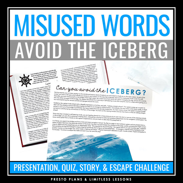 Commonly Confused Words Grammar Activity Escape Challenge, Slides, and Quiz