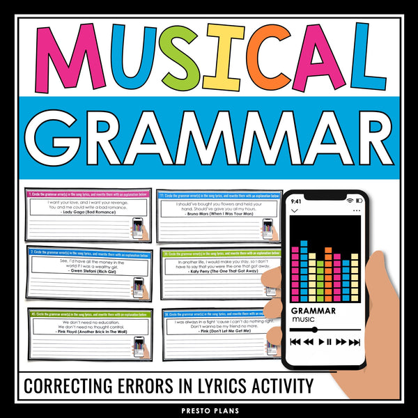Grammar Activity - Editing Grammar Errors in Song Music Lyrics Task Cards