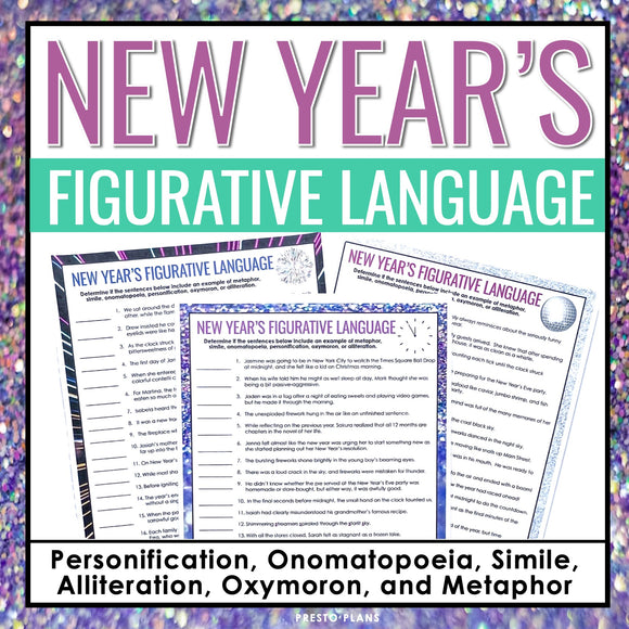 New Year's Figurative Language Assignments - Literary Devices Holiday Activity