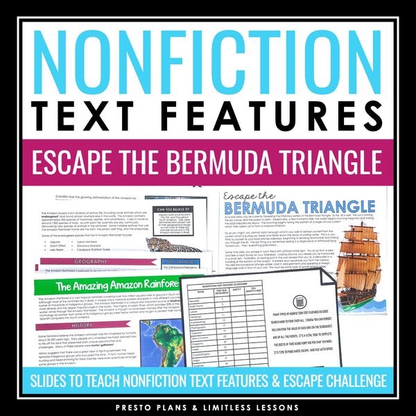 Nonfiction Text Features Presentation & Escape Room Reading Activity Game