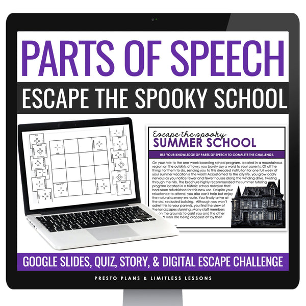 Parts of Speech Escape Room Digital Grammar Activity, Google Slides, and Quiz