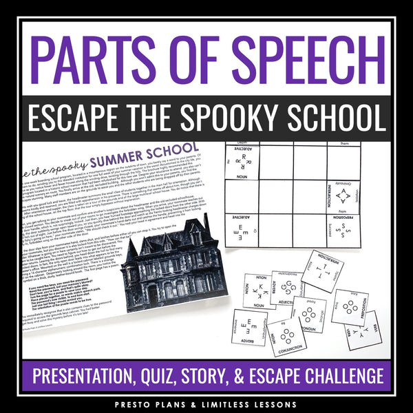 Parts of Speech Grammar Activity Escape Room Challenge, Presentation, and Quiz