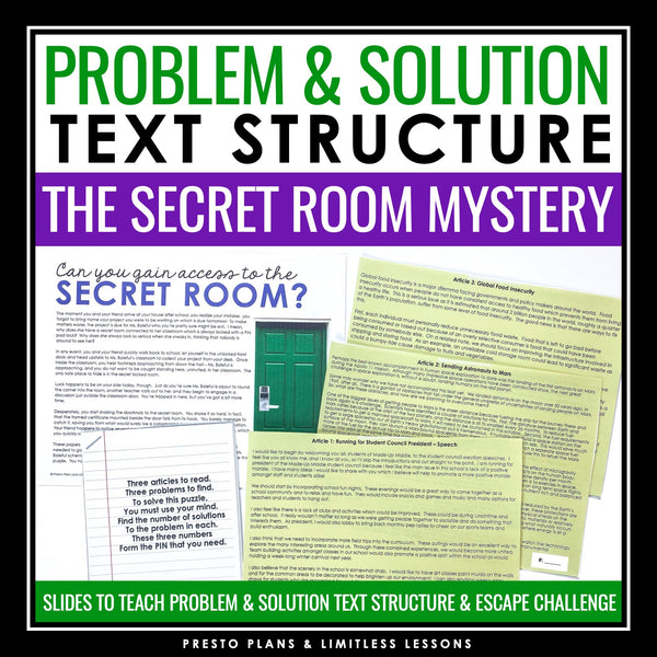 Problem and Solution Text Structure Presentation & Escape Room Reading Activity