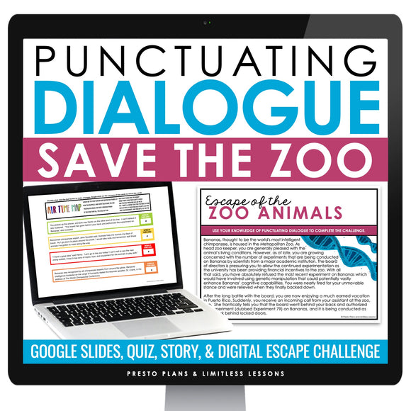 Punctuating Dialogue Escape Room Digital Activity, Google Slides, and Quiz