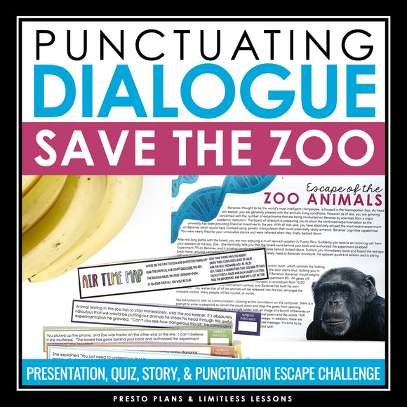 Punctuating Dialogue Grammar Activity Escape Room Challenge, Slides, and Quiz