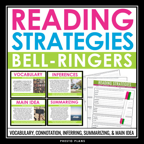 Reading Strategies Bell Ringers - Inferences, Summarizing, Main Idea, Vocabulary