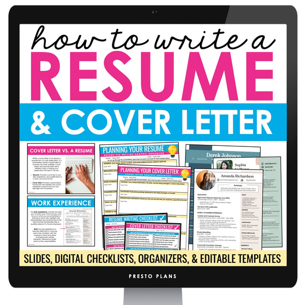 Resume and Cover Letter Lesson, Templates, Checklists, & Organizers – Digital