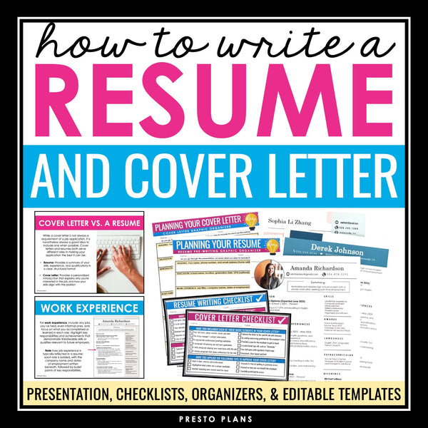 Resume and Cover Letter Lesson, Editable Templates, Checklists, and Organizers