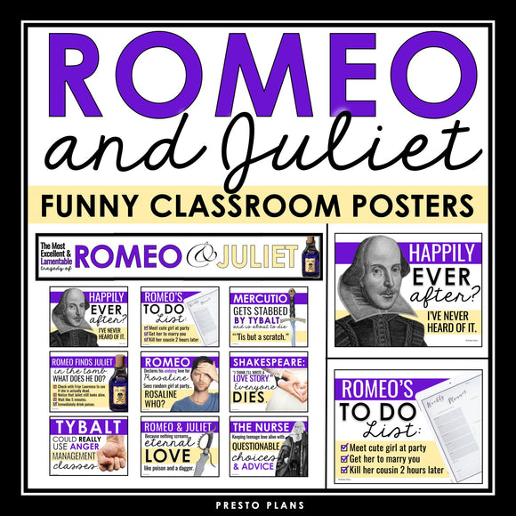 Romeo and Juliet Posters - Funny Classroom Bulletin Board Decor - Shakespeare