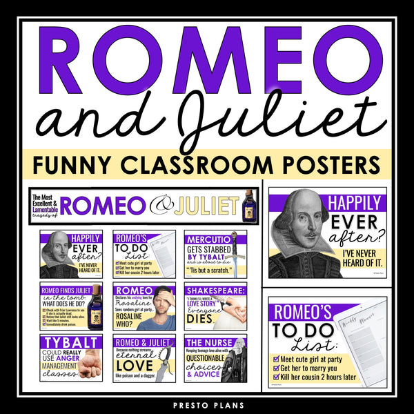 Romeo and Juliet Posters - Funny Classroom Bulletin Board Decor - Shakespeare