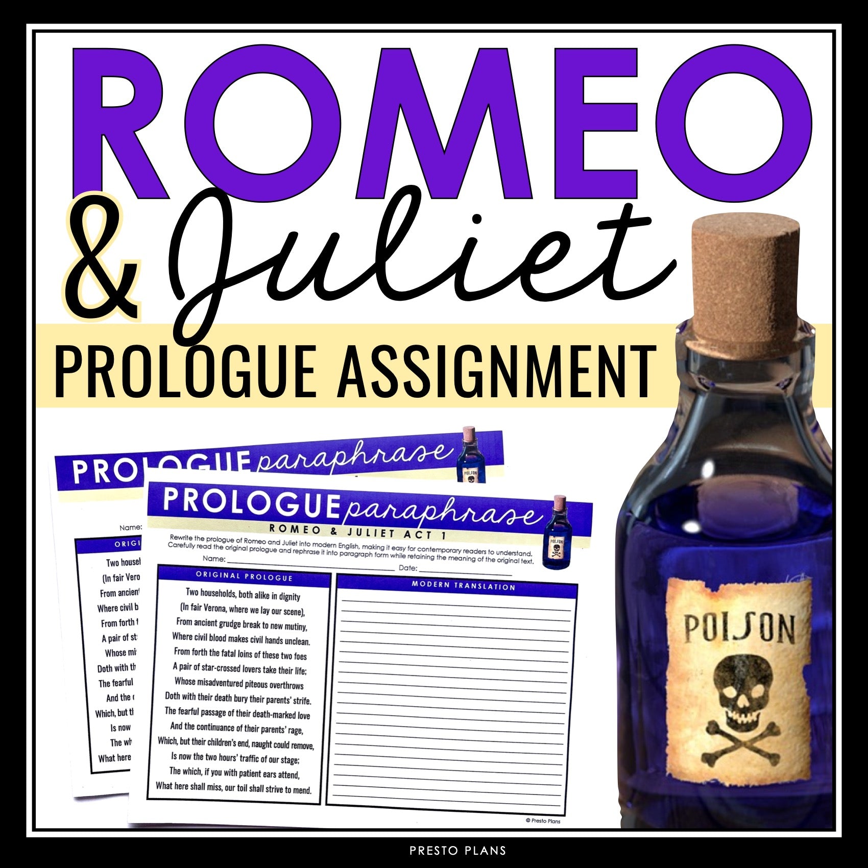 Playlet Assignment Romeo and Juliet Prologue Assignment - Shakespeare Play Pre-Reading Ac ...