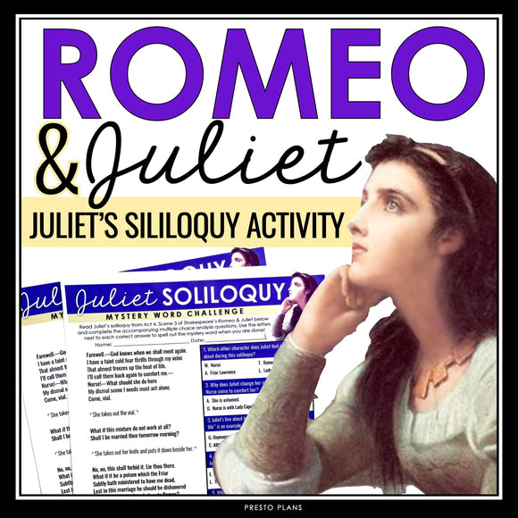 Romeo and Juliet Activity - Juliet's Soliloquy Analysis Mystery Word Challenge