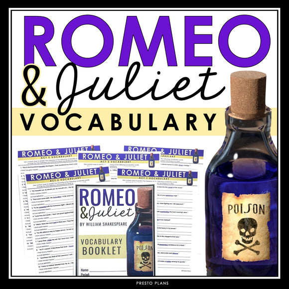 Romeo and Juliet by Shakespeare Vocabulary Booklet, Presentation, and Answer Key