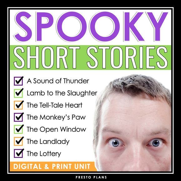 Short Story Unit Plan - Scary Stories Slides & Assignments Digital Print Bundle