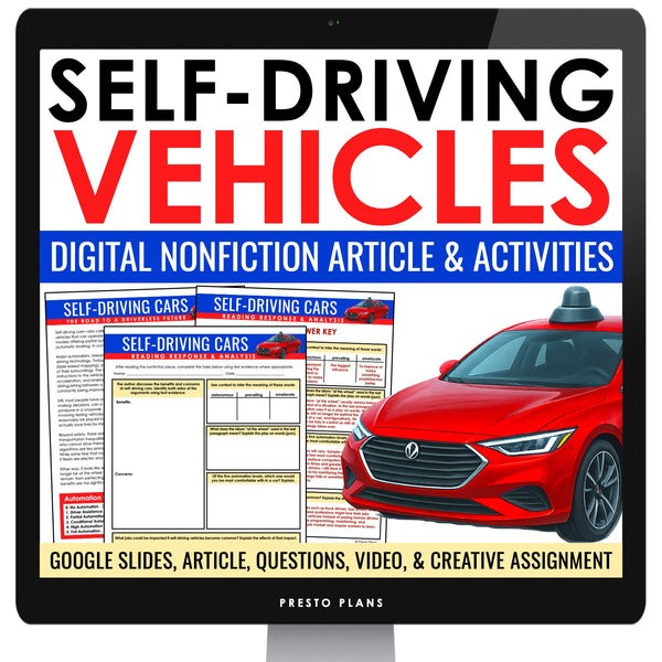 Nonfiction Reading Comprehension Digital Article & Activities Self-Driving Cars
