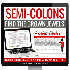Semicolons Escape Room Punctuation Digital Activity, Google Slides, and Quiz