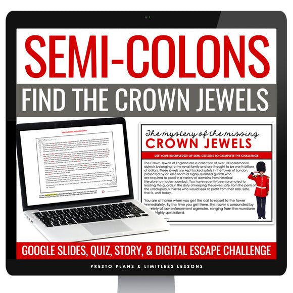 Semicolons Escape Room Punctuation Digital Activity, Google Slides, and Quiz