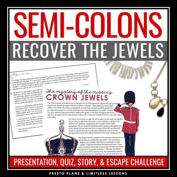 Semicolons Punctuation Grammar Activity Escape Room Challenge, Slides, & Quiz
