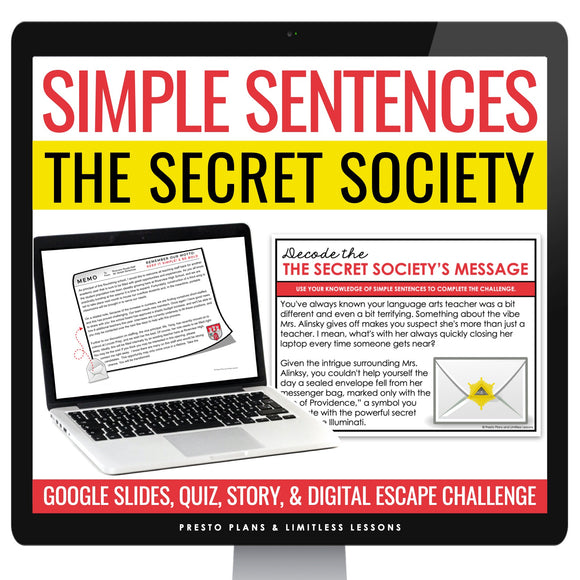 Simple Sentence Type Grammar Digital Escape Room Activity, Slides, and Quiz