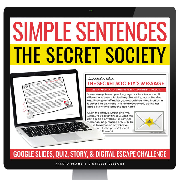 Simple Sentence Type Grammar Digital Escape Room Activity, Slides, and Quiz