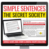 Simple Sentence Type Grammar Digital Escape Room Activity, Slides, and Quiz