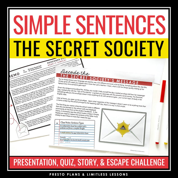 Simple Sentence Type Grammar Activity Escape Room Challenge, Slides, and Quiz