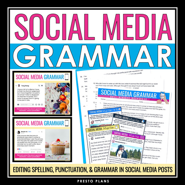 Grammar Bell Ringers and Task Cards - Editing Social Media Post Grammar Activity