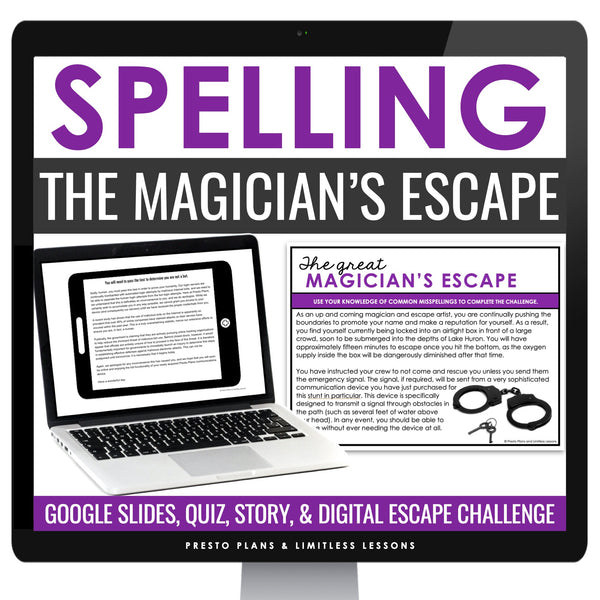 Spelling Practice Escape Room Digital Activity, Google Slides, and Quiz