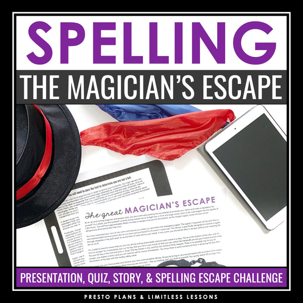 Spelling Practice Grammar Activity Escape Room Challenge, Presentation, and Quiz