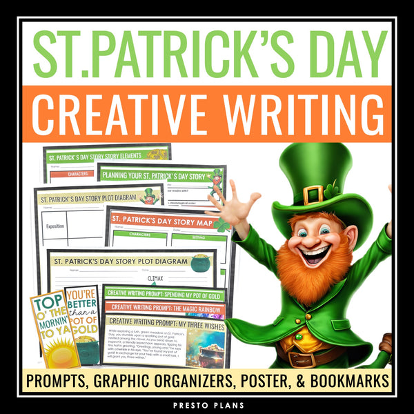 St. Patrick's Day Writing Prompts Activities and Student Gift Holiday Bookmarks