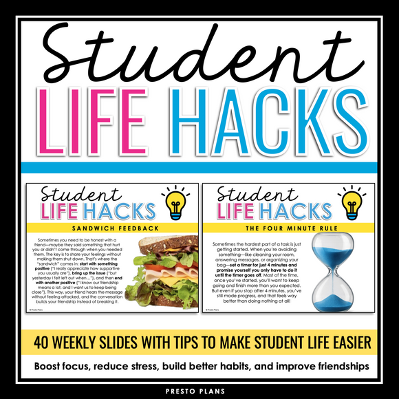 Student Life Hacks – Weekly Bell Ringers SEL, Habits, Friendships & Organization