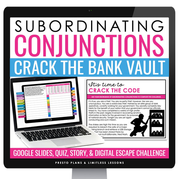 Subordinating Conjunctions Escape Room Grammar Digital Activity, Slides & Quiz