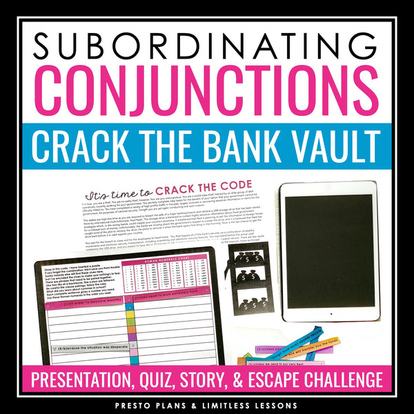 Subordinating Conjunctions Grammar Activity Escape Challenge, Slides, & Quiz