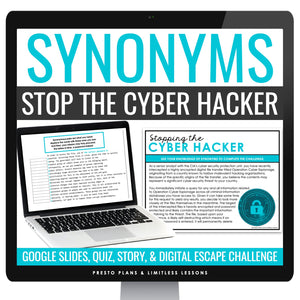 Synonyms Vocabulary Word Escape Room Digital Activity, Google Slides, and Quiz