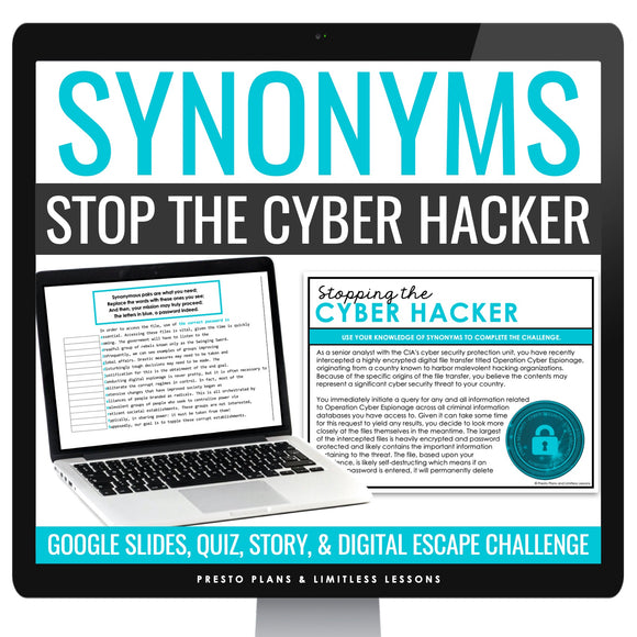 Synonyms Vocabulary Word Escape Room Digital Activity, Google Slides, and Quiz
