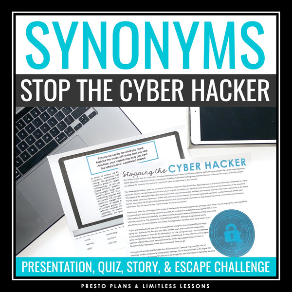 Synonyms Vocabulary Grammar Activity Escape Challenge, Presentation, and Quiz