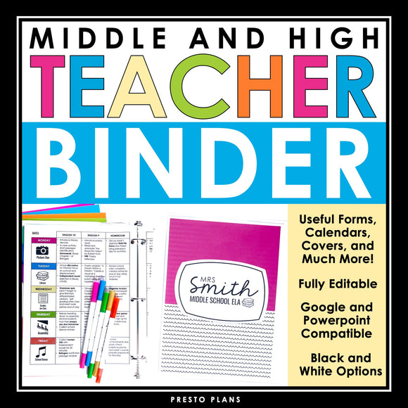 Teacher Binder - Editable Teacher Planner Forms, Covers, Calendars - Middle High