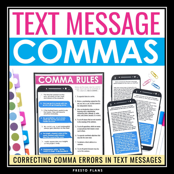Comma Task Cards Activity and Poster - Correcting Comma Errors in Text Messages