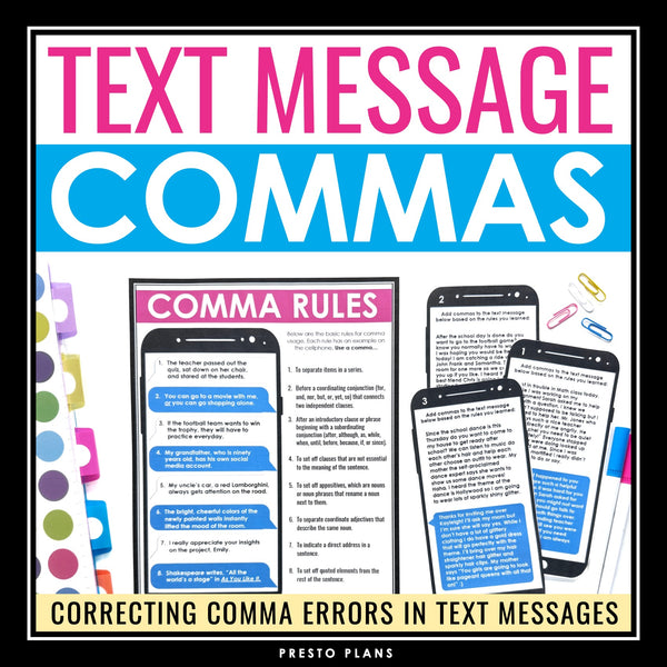 Comma Task Cards Activity and Poster - Correcting Comma Errors in Text Messages