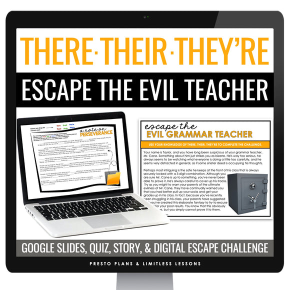 There, Their, They're Homophones Escape Room Digital Grammar Game, Slides & Quiz