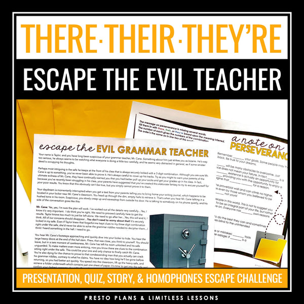 There, Their, They're Homophones Escape Room Style Grammar Game, Slides, & Quiz