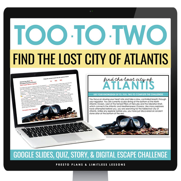 To, Too, Two Homophones Escape Room Digital Grammar Game, Slides & Quiz