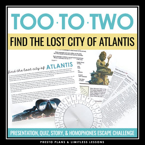 Too, To, Two Homophones Grammar Activity Escape Challenge, Slides, and Quiz
