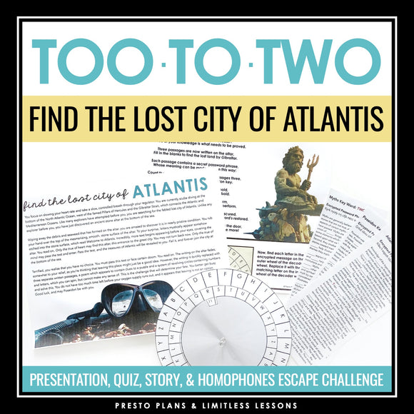 Too, To, Two Homophones Grammar Activity Escape Challenge, Slides, and Quiz