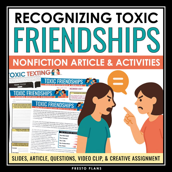 Nonfiction Reading Comprehension Article and Activities - SEL Toxic Friendships