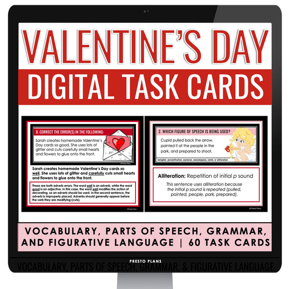 Valentine's Day Digital Tasks Grammar Parts of Speech Vocab Figurative Language