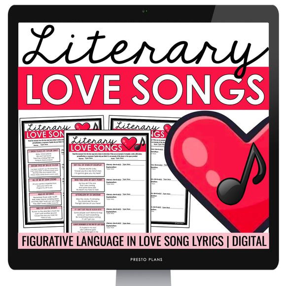 Valentine's Day Figurative Language in Love Songs - Lyrics Assignments - Digital