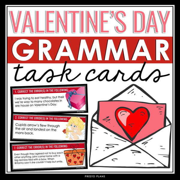 Valentine's Day Grammar Activity - Editing Grammar Errors Holiday Task Cards