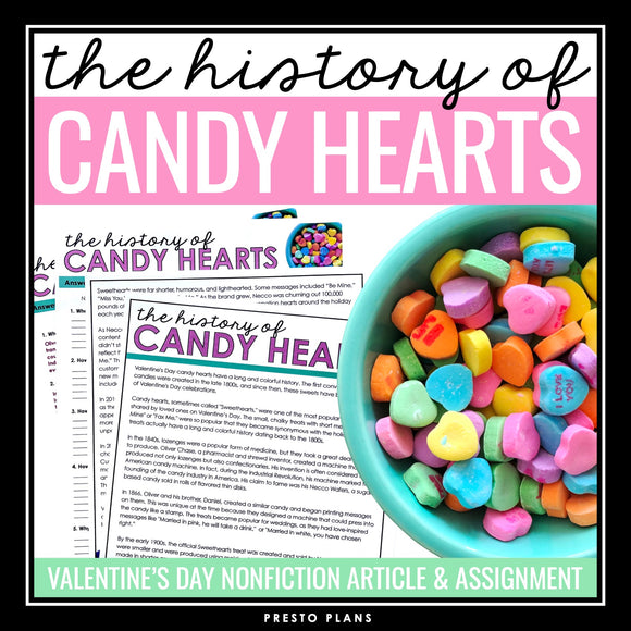 Valentine’s Day Reading Comprehension Article & Assignment - Candy Hearts