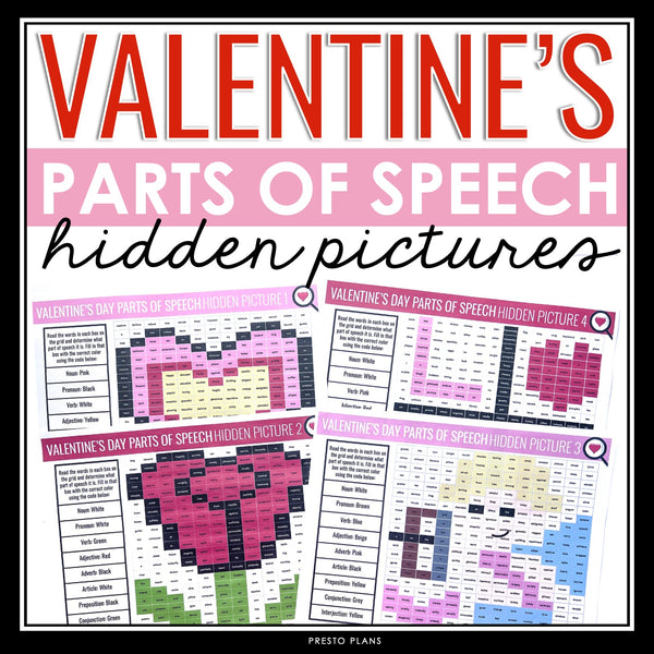 Valentine's Day Parts of Speech Activity - Coloring Hidden Mystery Pictures